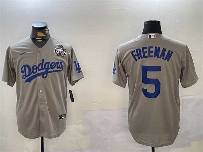 Men%27s Los Angeles Dodgers #5 Freddie Freeman Grey 2024 World Series Cool Base Stitched Baseball Jersey